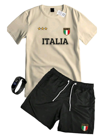 T-SHIRT SET 100% COTTON SHIRT SHORT SLEEVE TACTEL ITALIA PRINT Shorts + FREE WATCH