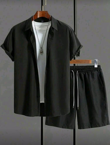 Men's Casual 2-Piece Outfit Set, Breathable Men's Button-Down Shirt and Drawstring Shorts for Summer Casual Wear