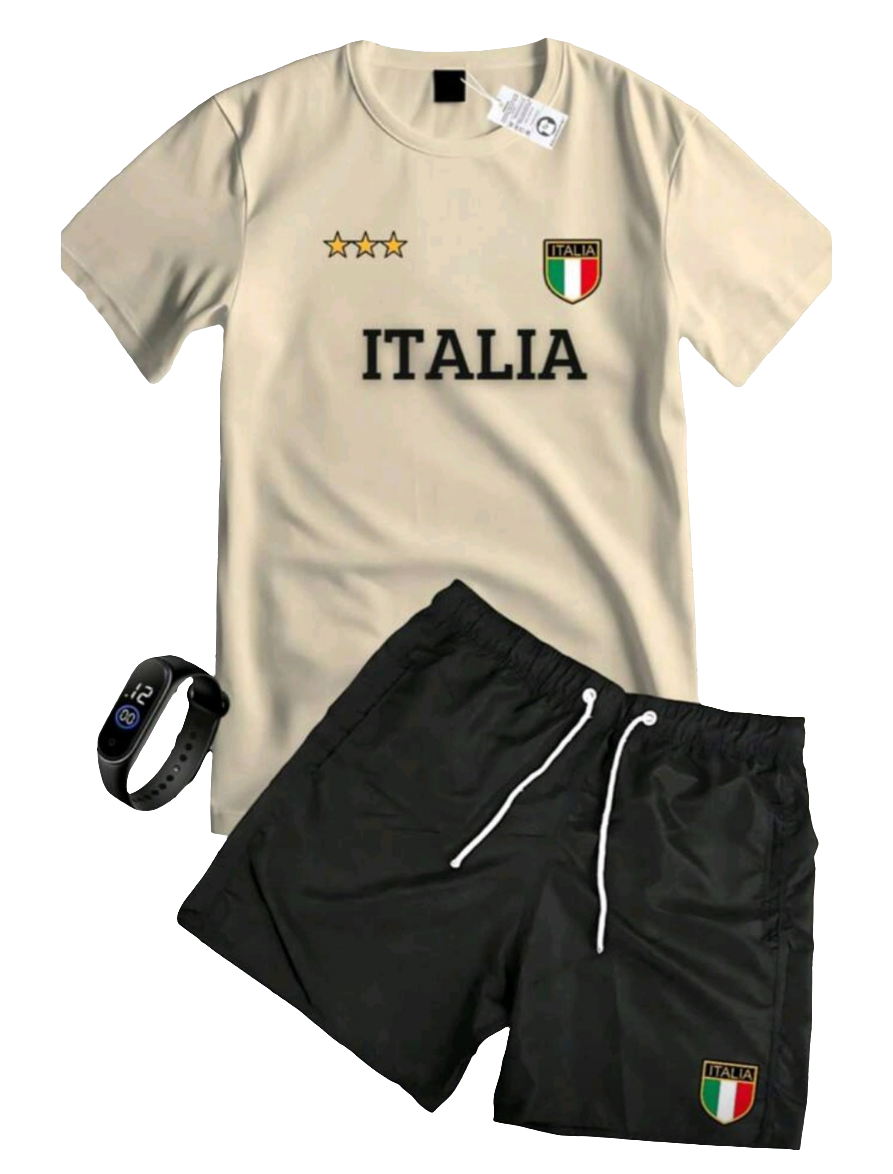 T-SHIRT SET 100% COTTON SHIRT SHORT SLEEVE TACTEL ITALIA PRINT Shorts + FREE WATCH