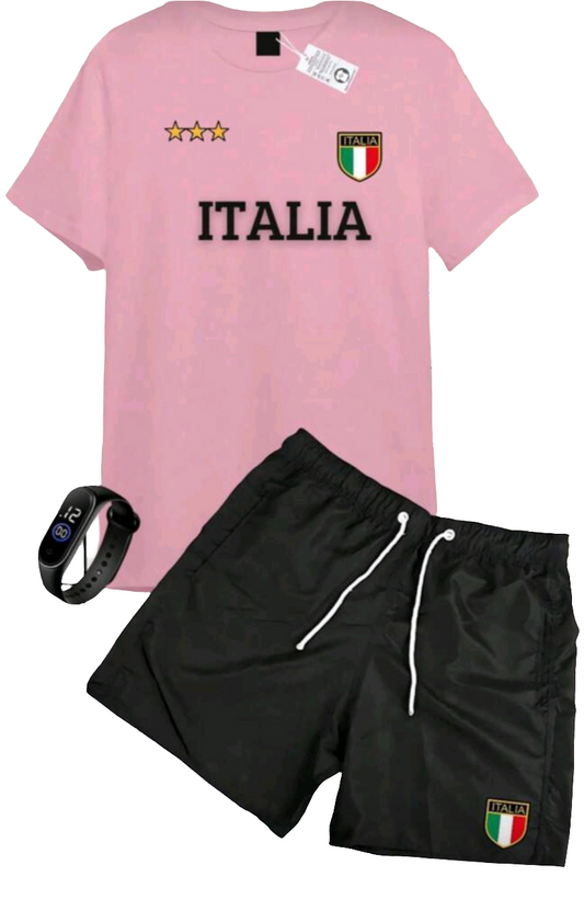 T-SHIRT SET 100% COTTON SHIRT SHORT SLEEVE TACTEL ITALIA PRINT Shorts + FREE WATCH