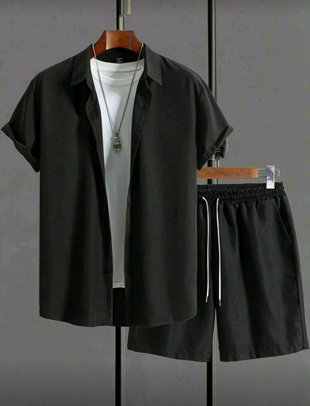 Men's Casual 2-Piece Outfit Set, Breathable Men's Button-Down Shirt and Drawstring Shorts for Summer Casual Wear