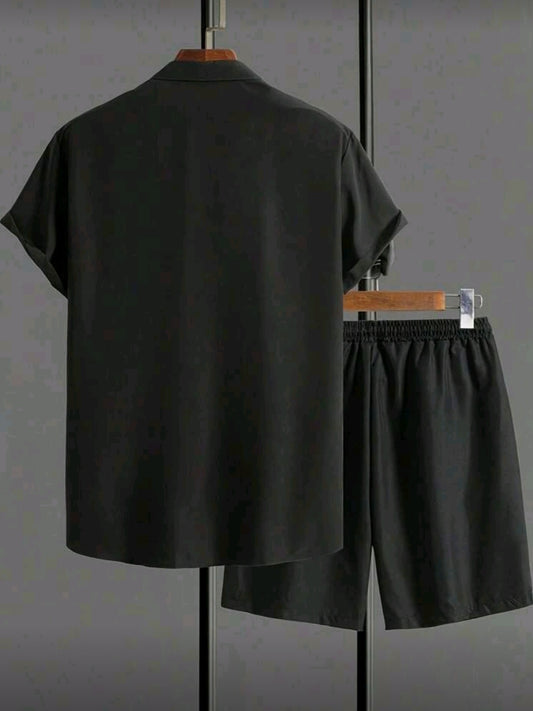 Men's Casual 2-Piece Outfit Set, Breathable Men's Button-Down Shirt and Drawstring Shorts for Summer Casual Wear